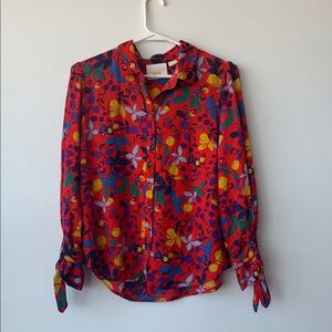 Maeve Anthropologie Red Floral Blouse with Yellow and Blue Accents